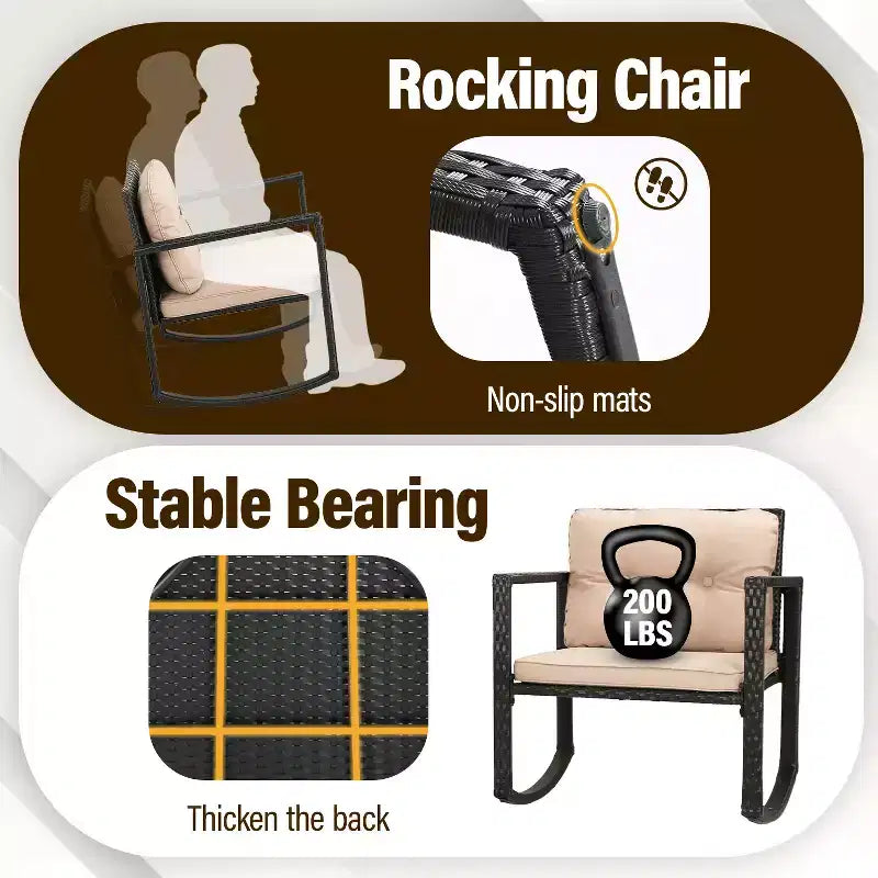 FDW Juego de Muebles de Patio de 3 Piezas, Sillas Mecedoras de Exterior, Conjuntos de Bistró, Silla de Ratán para Todo Clima con Cojines y Mesa de Centro con Tapa de Cristal