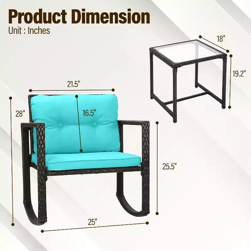 FDW Juego de Muebles de Patio de 3 Piezas, Sillas Mecedoras de Exterior, Conjuntos de Bistró, Silla de Ratán para Todo Clima con Cojines y Mesa de Centro con Tapa de Cristal