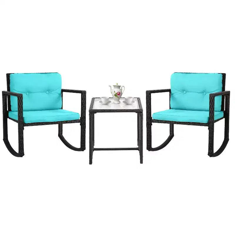 FDW Juego de Muebles de Patio de 3 Piezas, Sillas Mecedoras de Exterior, Conjuntos de Bistró, Silla de Ratán para Todo Clima con Cojines y Mesa de Centro con Tapa de Cristal