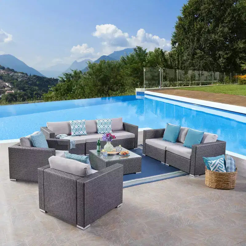 Juego de conversación de sofá de 7 plazas de mimbre para exterior Chloe de Christopher Knight Home con cojines, gris/gris claro