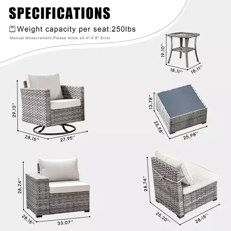 Juego de Muebles de Patio para Exterior de Mimbre Marlton de 8 Piezas con Sofá Seccional de Conversación, Sillón Giratorio y Cojines