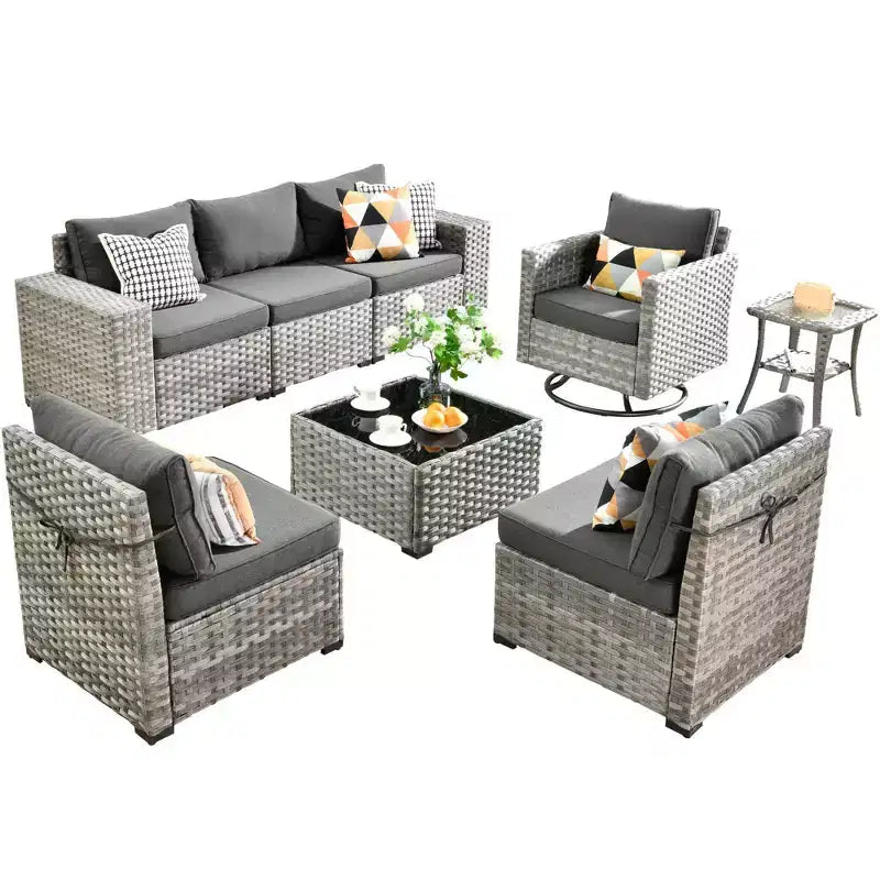 Juego de Muebles de Patio para Exterior de Mimbre Marlton de 8 Piezas con Sofá Seccional de Conversación, Sillón Giratorio y Cojines