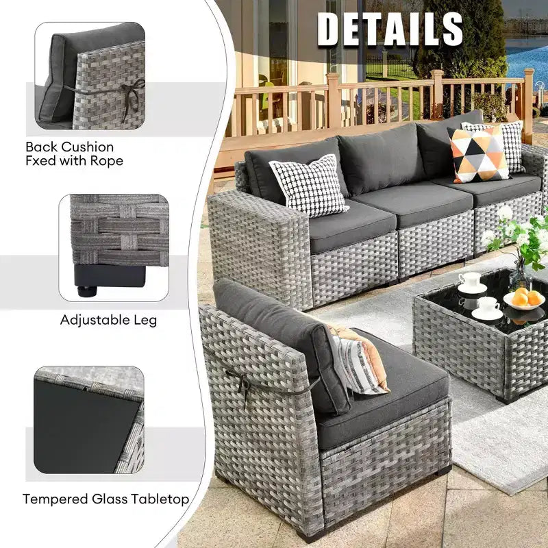 Juego de Muebles de Patio para Exterior de Mimbre Marlton de 8 Piezas con Sofá Seccional de Conversación, Sillón Giratorio y Cojines