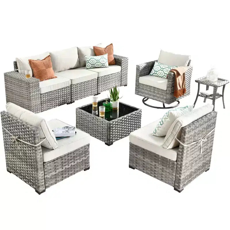 Juego de Muebles de Patio para Exterior de Mimbre Marlton de 8 Piezas con Sofá Seccional de Conversación, Sillón Giratorio y Cojines