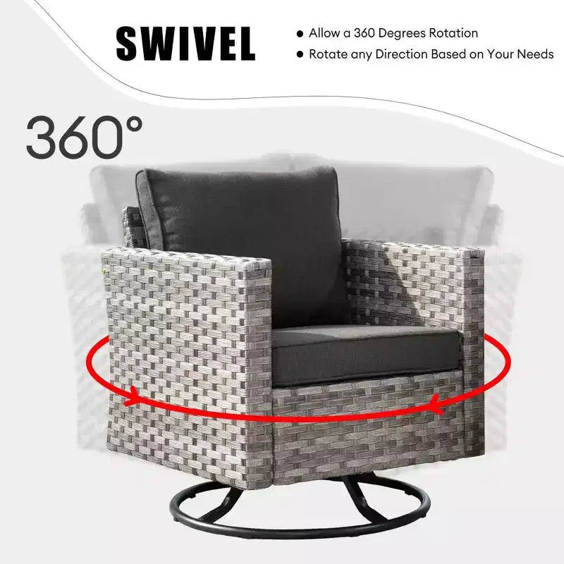 Juego de Muebles de Patio para Exterior de Mimbre Marlton de 8 Piezas con Sofá Seccional de Conversación, Sillón Giratorio y Cojines