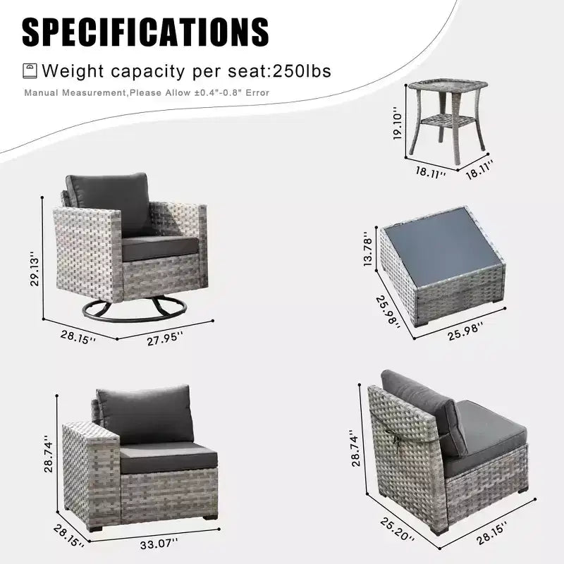 Juego de Muebles de Patio para Exterior de Mimbre Marlton de 8 Piezas con Sofá Seccional de Conversación, Sillón Giratorio y Cojines