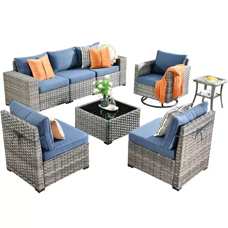 Juego de Muebles de Patio para Exterior de Mimbre Marlton de 8 Piezas con Sofá Seccional de Conversación, Sillón Giratorio y Cojines