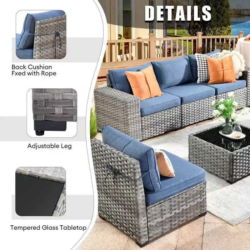 Juego de Muebles de Patio para Exterior de Mimbre Marlton de 8 Piezas con Sofá Seccional de Conversación, Sillón Giratorio y Cojines