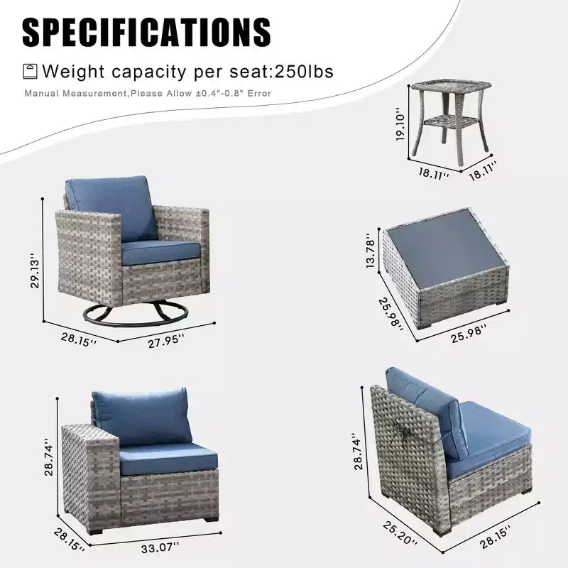 Juego de Muebles de Patio para Exterior de Mimbre Marlton de 8 Piezas con Sofá Seccional de Conversación, Sillón Giratorio y Cojines