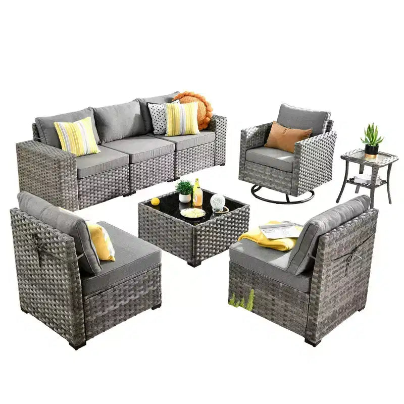 Juego de Muebles de Patio para Exterior de Mimbre Marlton de 8 Piezas con Sofá Seccional de Conversación, Sillón Giratorio y Cojines