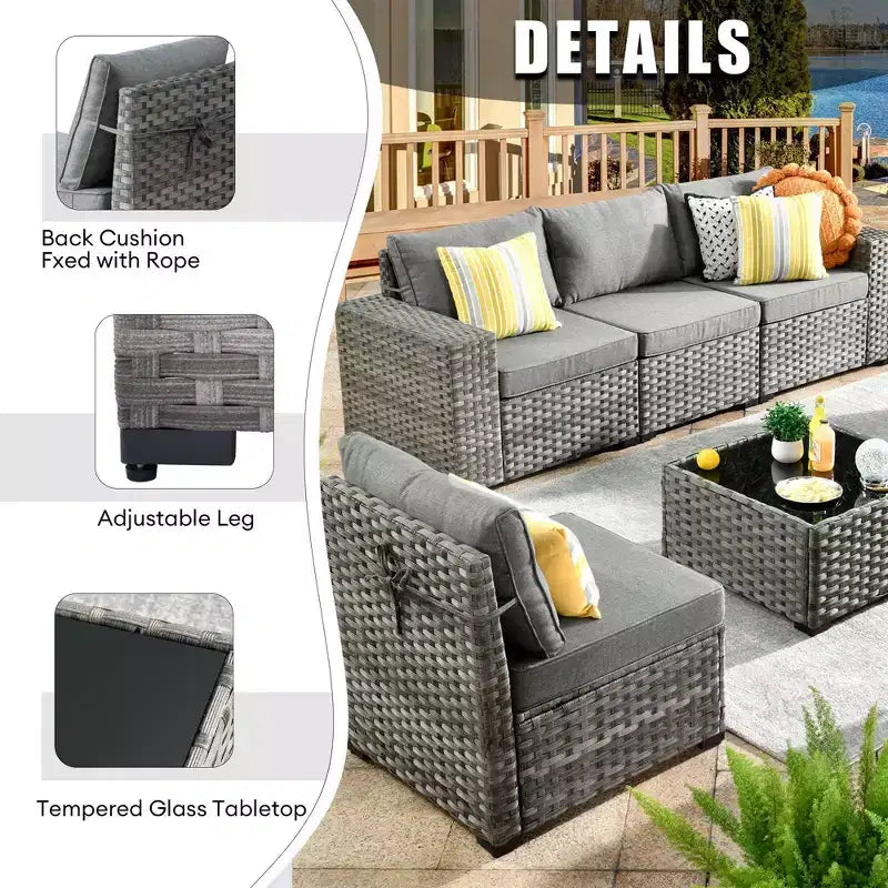 Juego de Muebles de Patio para Exterior de Mimbre Marlton de 8 Piezas con Sofá Seccional de Conversación, Sillón Giratorio y Cojines