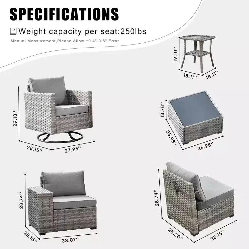 Juego de Muebles de Patio para Exterior de Mimbre Marlton de 8 Piezas con Sofá Seccional de Conversación, Sillón Giratorio y Cojines