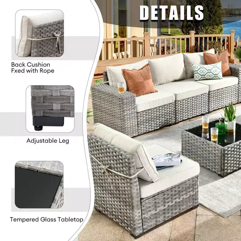 Juego de Muebles de Patio para Exterior de Mimbre Marlton de 8 Piezas con Sofá Seccional de Conversación, Sillón Giratorio y Cojines