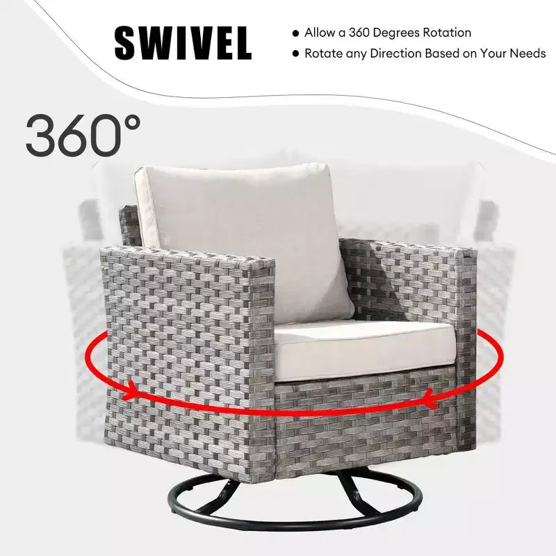 Juego de Muebles de Patio para Exterior de Mimbre Marlton de 8 Piezas con Sofá Seccional de Conversación, Sillón Giratorio y Cojines