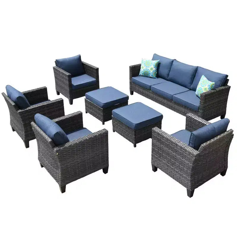 Juego de sofá de conversación Ovios Tampa de 7 piezas de mimbre para patio exterior con cojines